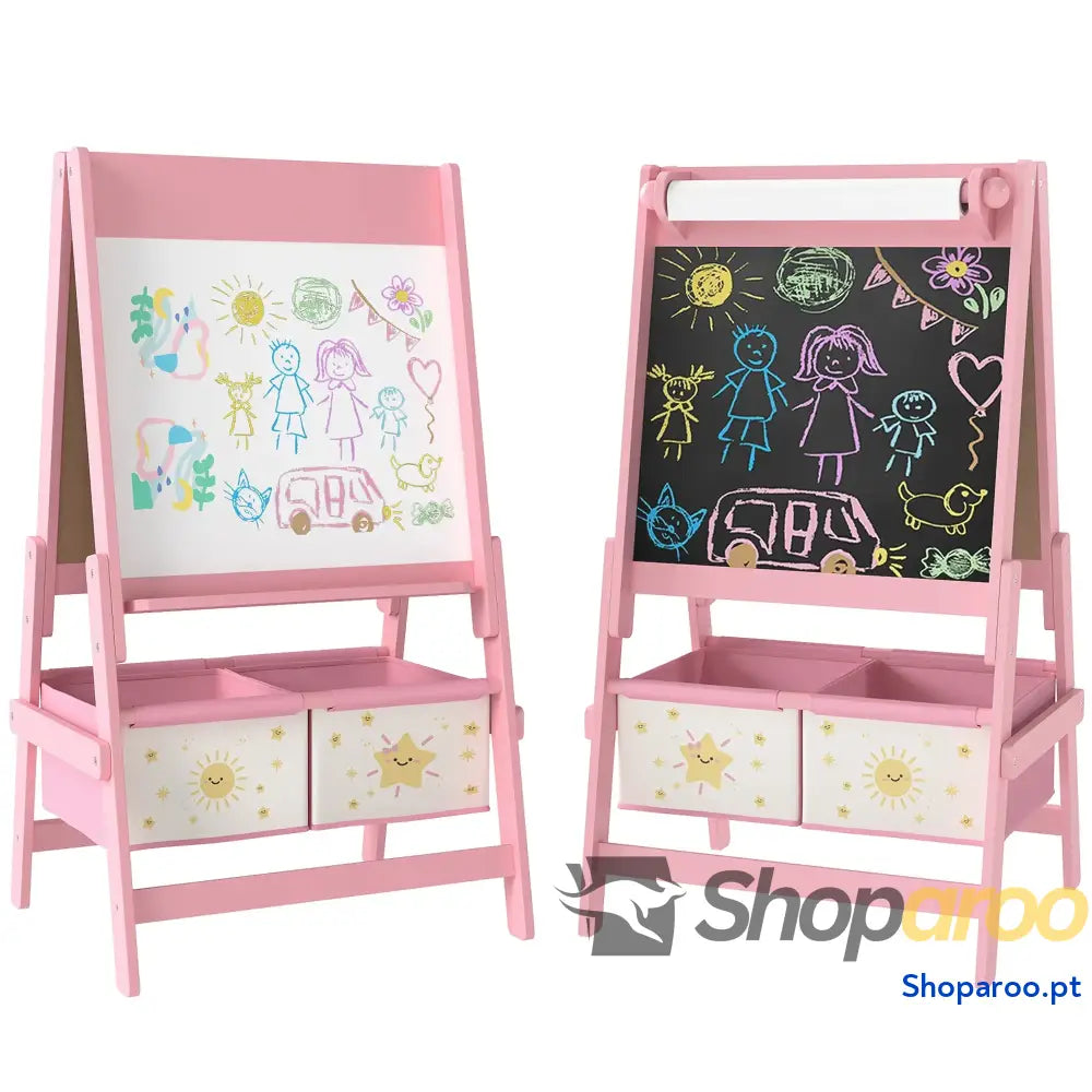 Cavalete de Pintura para Crianças 3 em 1 acima Anos com Rolo Papel e Cestos Arrumação 54x46x94 cm Rosa