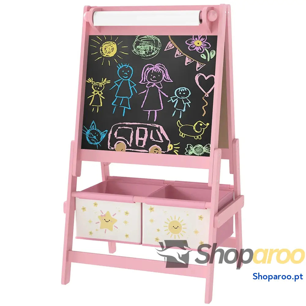 Cavalete de Pintura para Crianças 3 em 1 acima Anos com Rolo Papel e Cestos Arrumação 54x46x94 cm Rosa