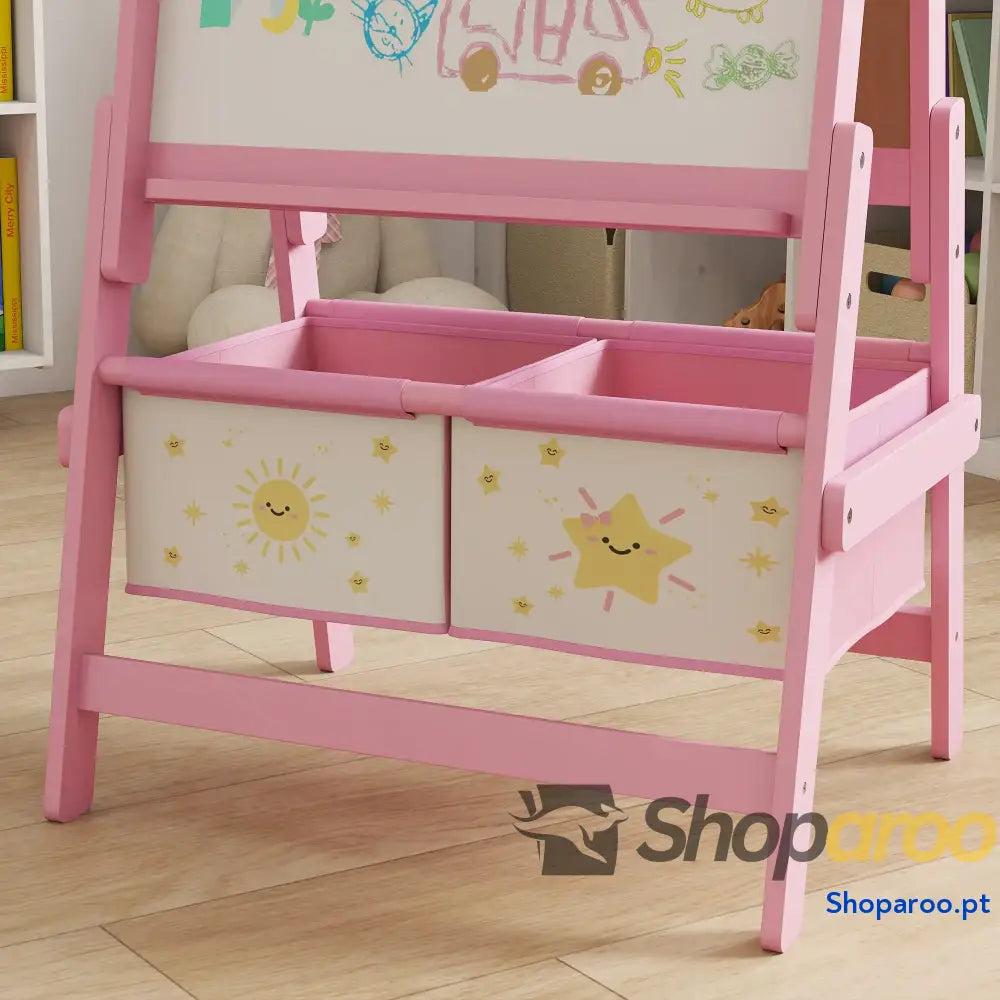 Cavalete de Pintura para Crianças 3 em 1 acima Anos com Rolo Papel e Cestos Arrumação 54x46x94 cm Rosa