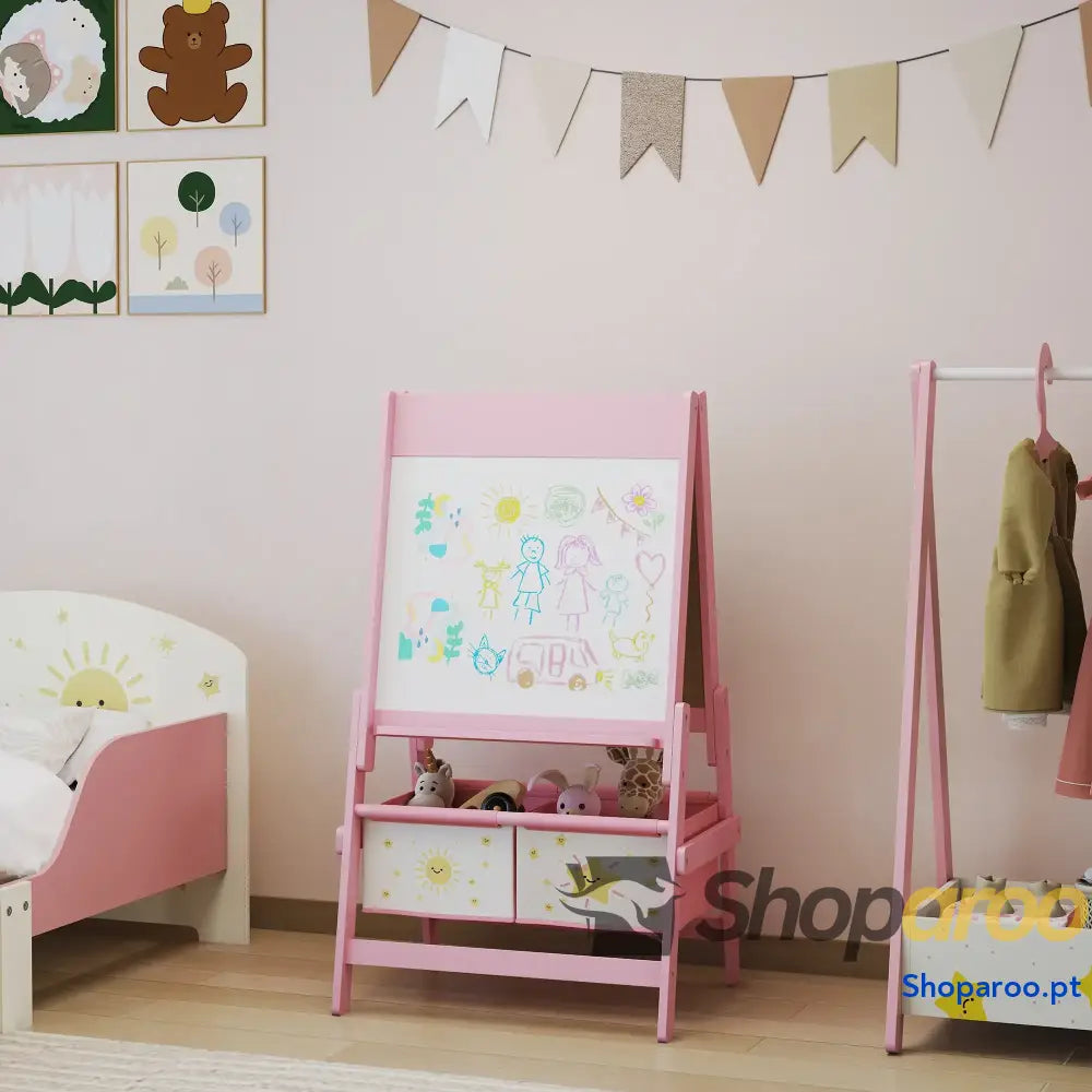 Cavalete de Pintura para Crianças 3 em 1 acima Anos com Rolo Papel e Cestos Arrumação 54x46x94 cm Rosa