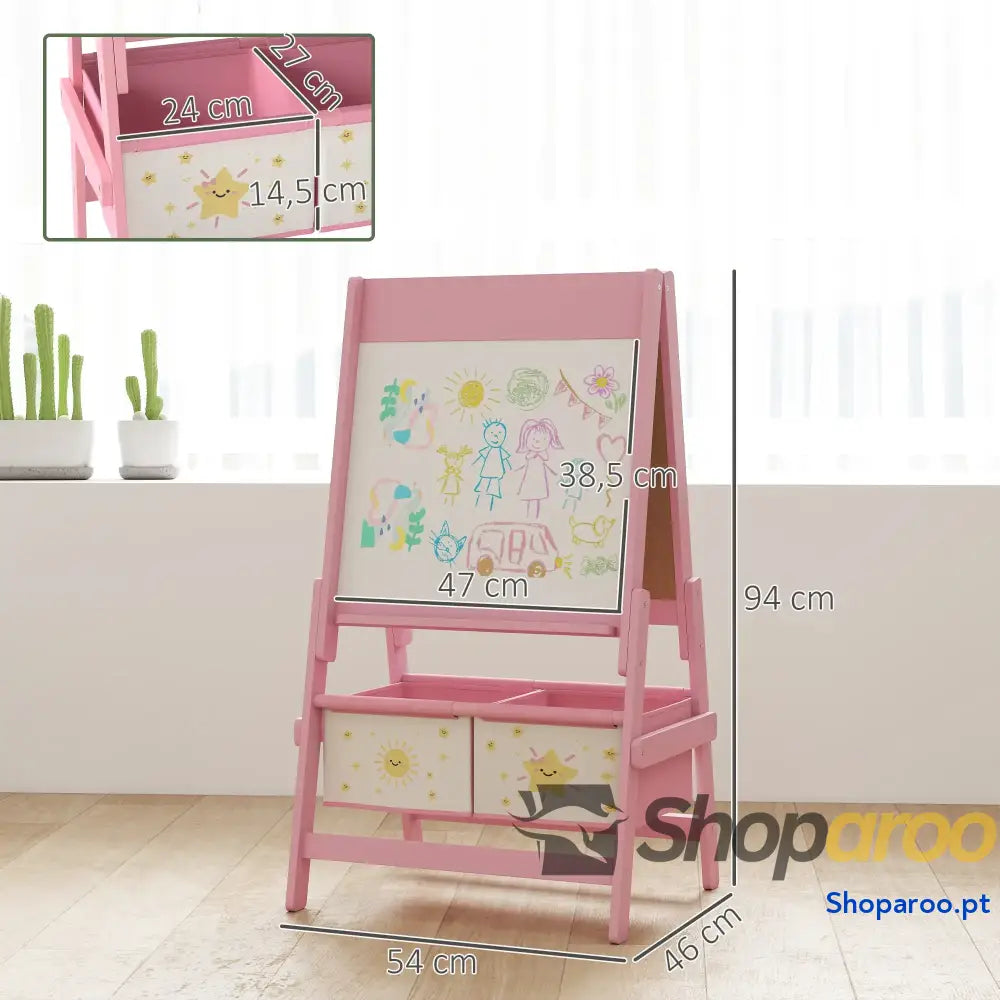 Cavalete de Pintura para Crianças 3 em 1 acima Anos com Rolo Papel e Cestos Arrumação 54x46x94 cm Rosa