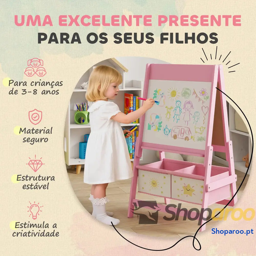 Cavalete de Pintura para Crianças 3 em 1 acima Anos com Rolo Papel e Cestos Arrumação 54x46x94 cm Rosa