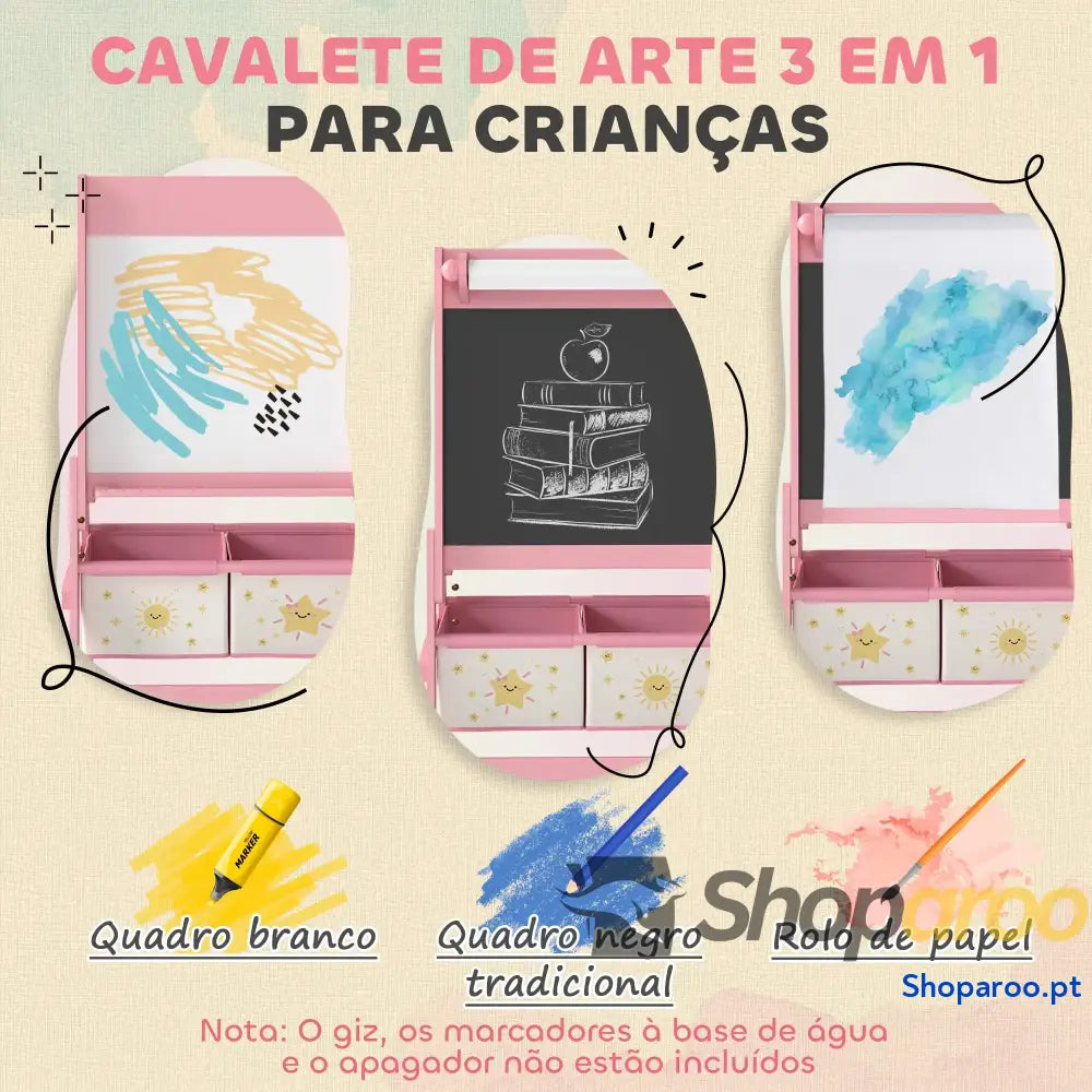 Cavalete de Pintura para Crianças 3 em 1 para Crianças acima de 3 Anos com Rolo de Papel e Cestos de Arrumação 54x46x94 cm Rosa