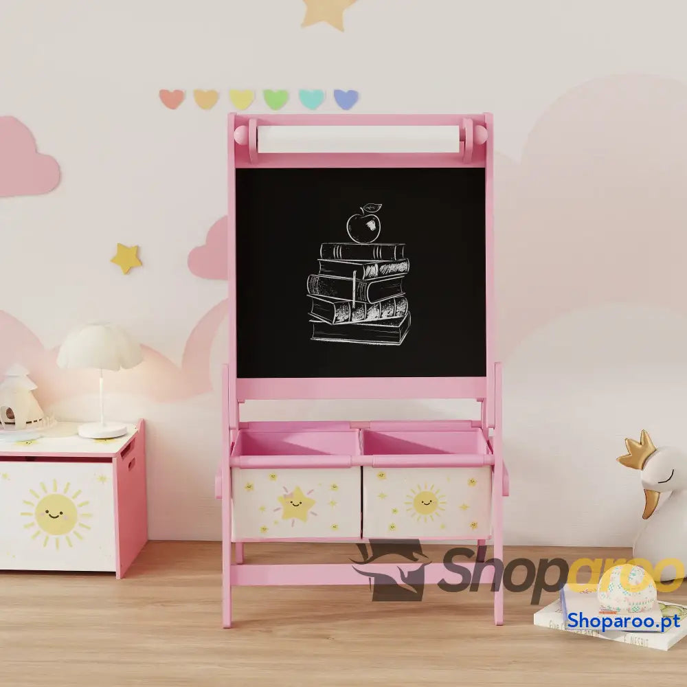 Cavalete de Pintura para Crianças 3 em 1 acima Anos com Rolo Papel e Cestos Arrumação 54x46x94 cm Rosa