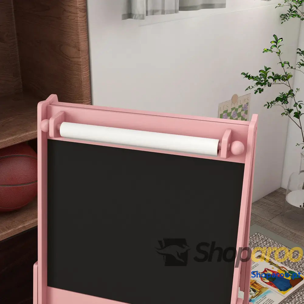Cavalete para Crianças 3 em 1 de Arte com Rolo Papel Quadro e 2 Cestas Armazenamento 54x46,5x93 cm Rosa