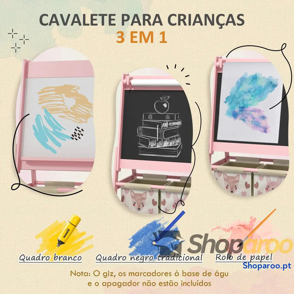 Cavalete para Crianças 3 em 1 de Arte com Rolo Papel Quadro e 2 Cestas Armazenamento 54x46,5x93 cm Rosa