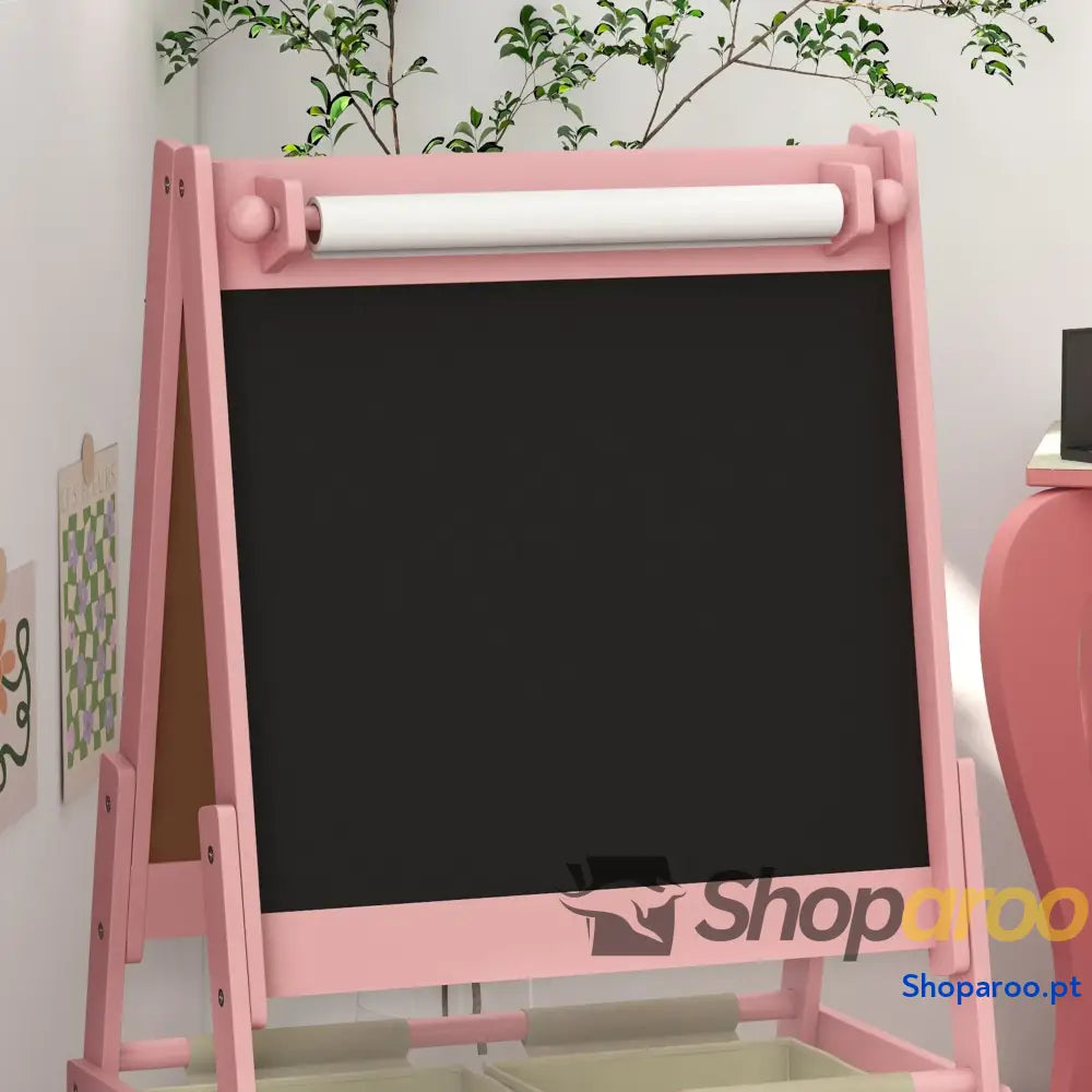 Cavalete para Crianças 3 em 1 de Arte com Rolo Papel Quadro e 2 Cestas Armazenamento 54x46,5x93 cm Rosa