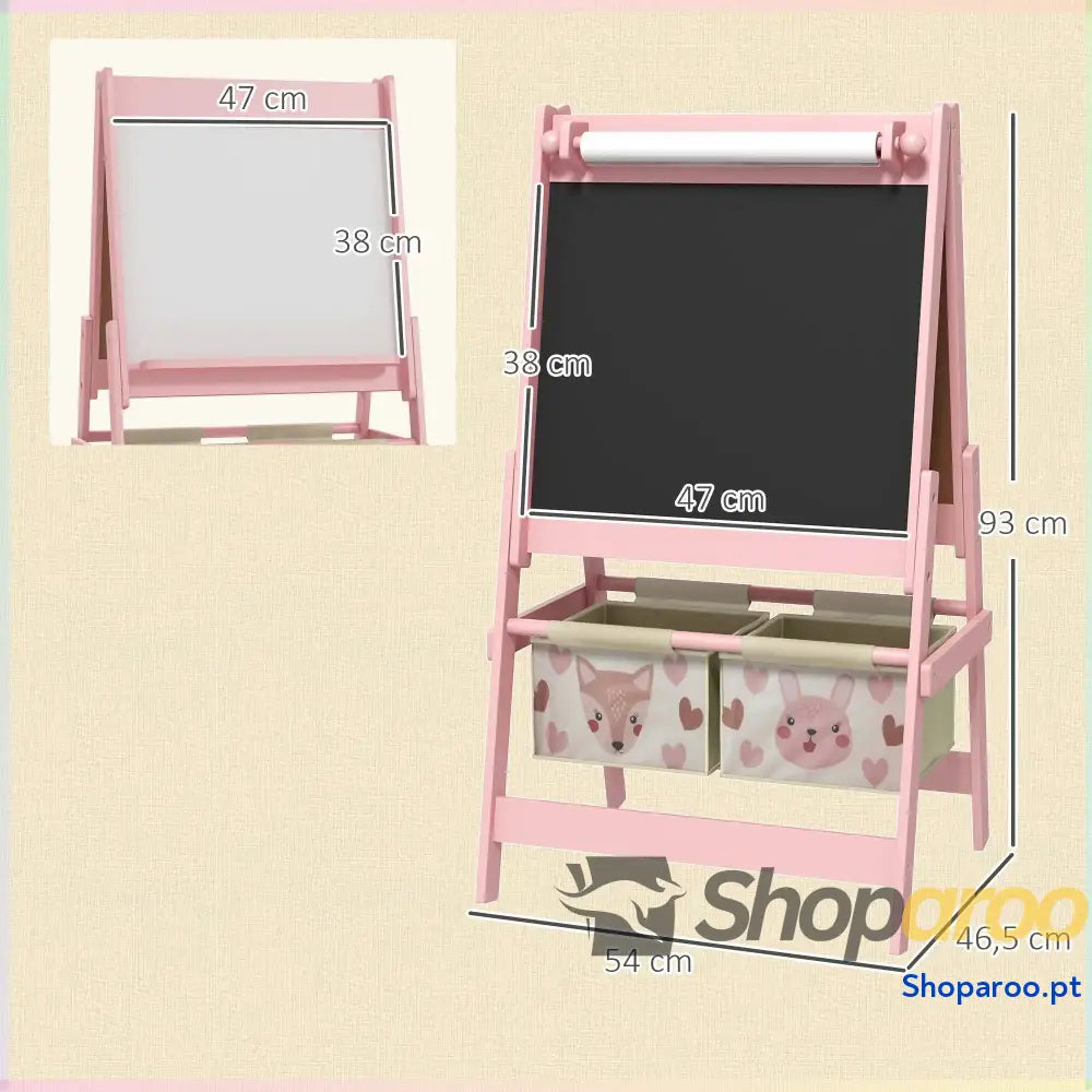 Cavalete para Crianças 3 em 1 de Arte com Rolo Papel Quadro e 2 Cestas Armazenamento 54x46,5x93 cm Rosa