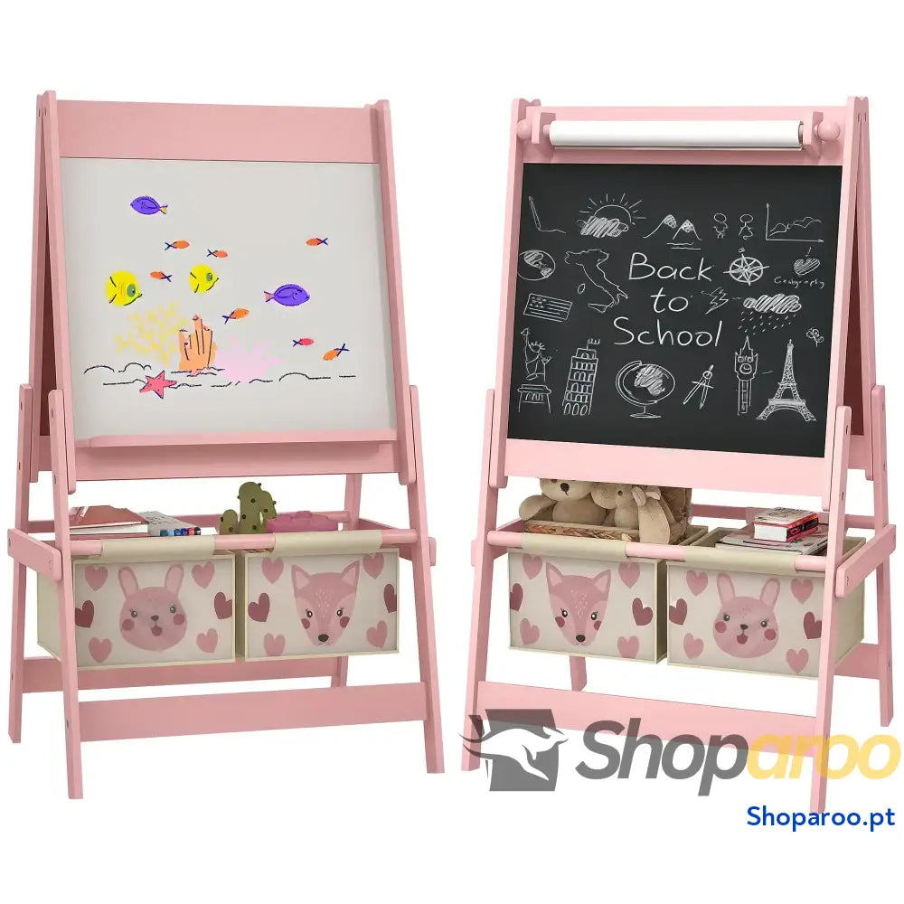 Cavalete para Crianças 3 em 1 de Arte com Rolo Papel Quadro e 2 Cestas Armazenamento 54x46,5x93 cm Rosa