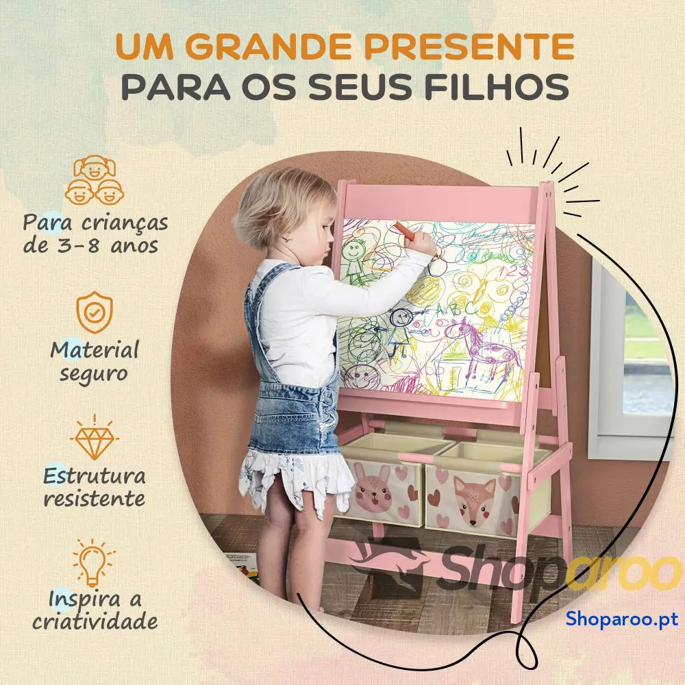 Cavalete para Crianças 3 em 1 de Arte com Rolo Papel Quadro e 2 Cestas Armazenamento 54x46,5x93 cm Rosa