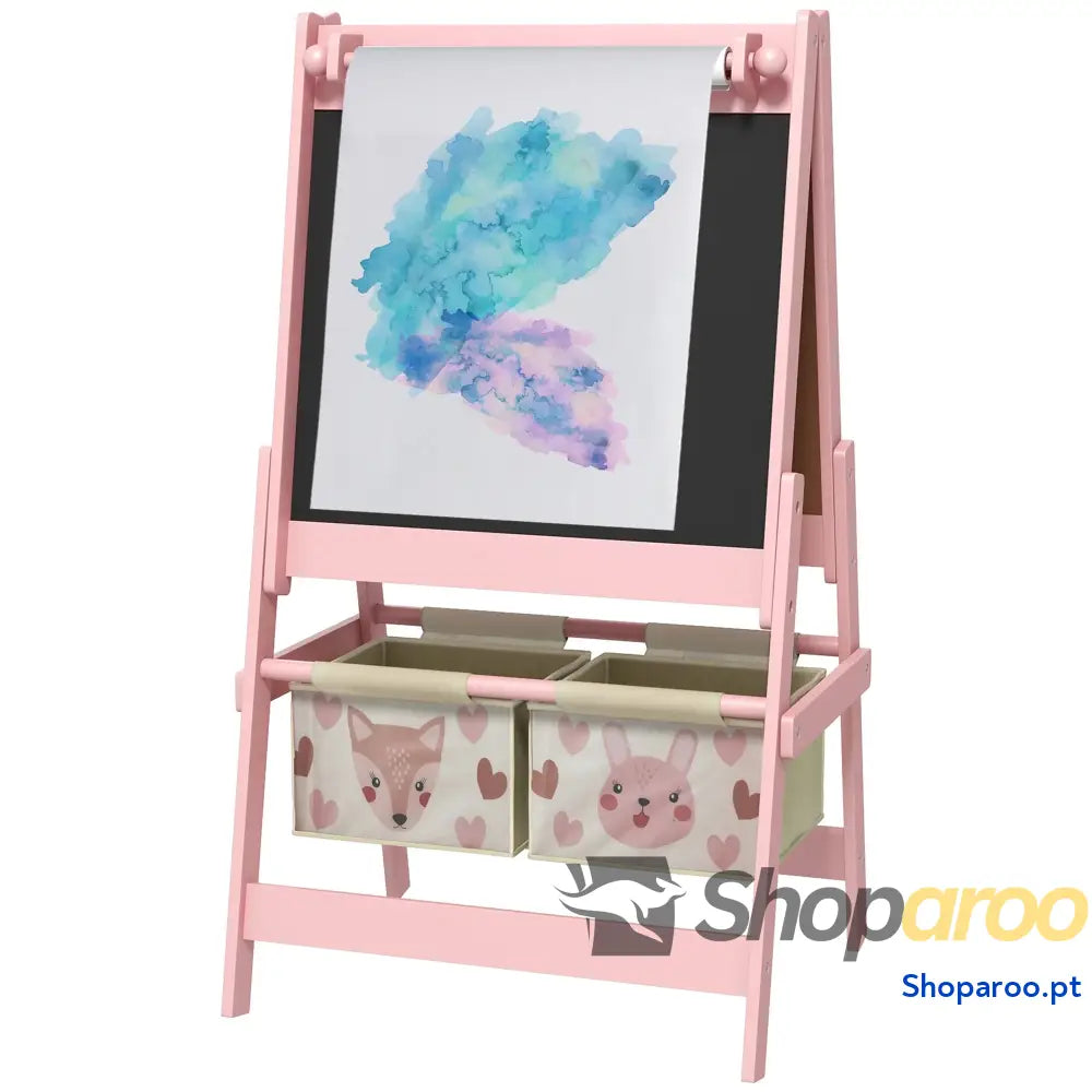 Cavalete para Crianças 3 em 1 de Arte com Rolo Papel Quadro e 2 Cestas Armazenamento 54x46,5x93 cm Rosa