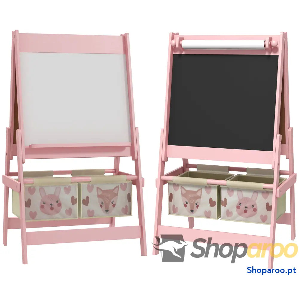 Cavalete para Crianças 3 em 1 de Arte com Rolo Papel Quadro e 2 Cestas Armazenamento 54x46,5x93 cm Rosa