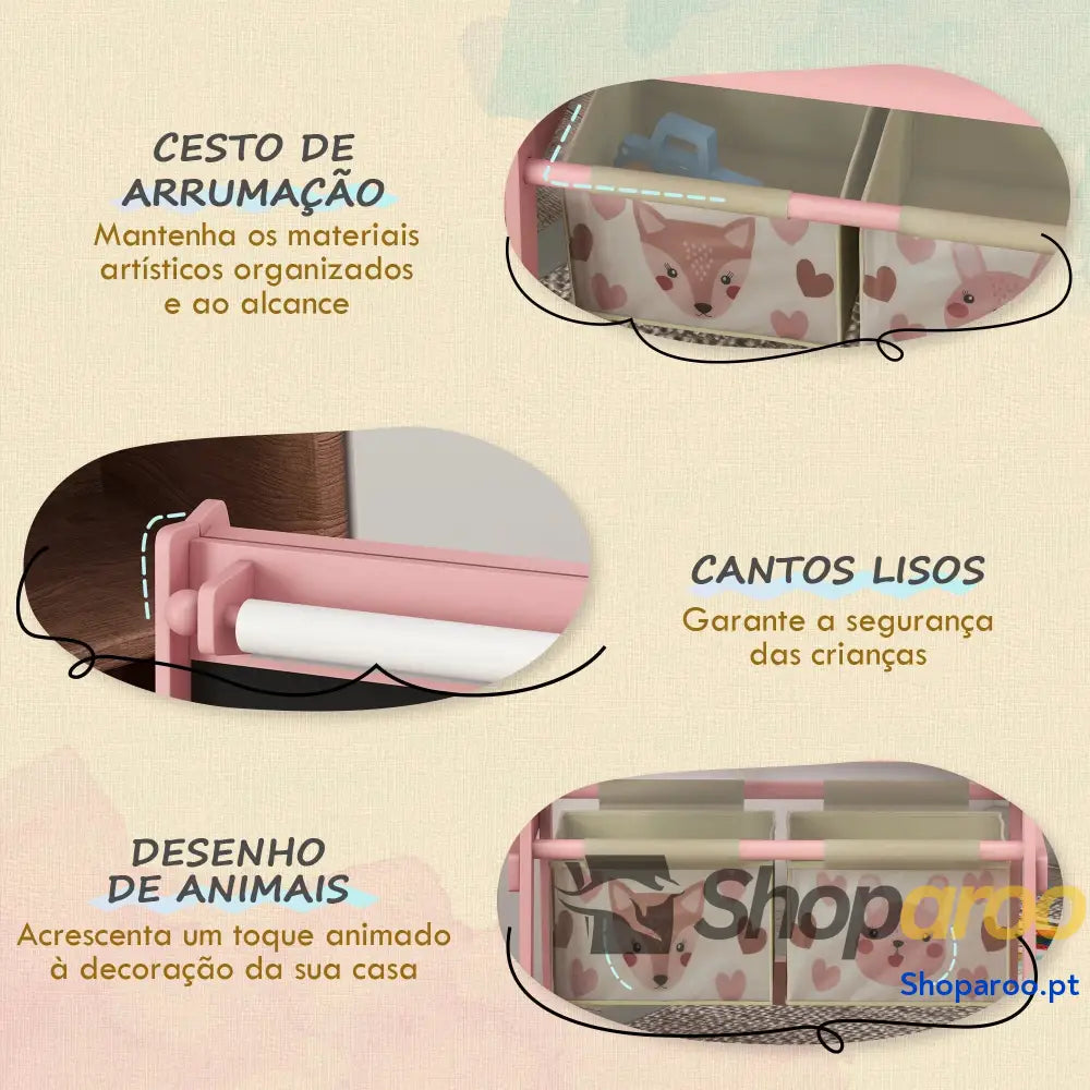 Cavalete para Crianças 3 em 1 de Arte com Rolo Papel Quadro e 2 Cestas Armazenamento 54x46,5x93 cm Rosa