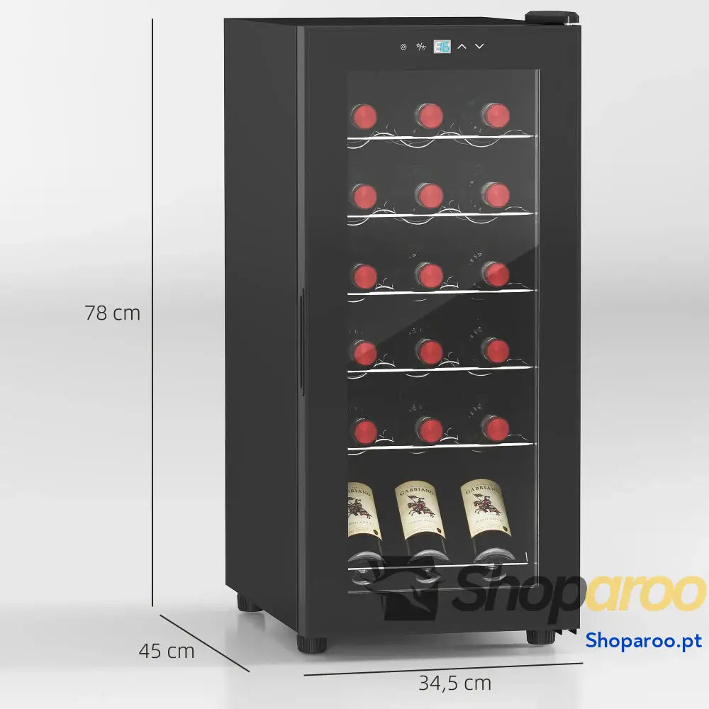 Cave de Vinho 18 Garrafas com Luz LED Ecrã Tátil Digital Controlo Temperatura Porta Vidro e 5 Prateleiras Preto