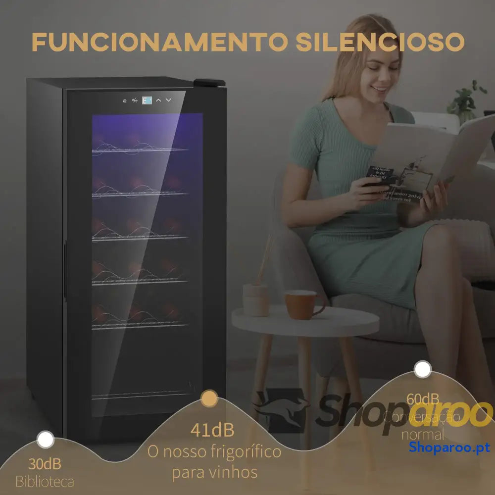 Cave de Vinho 18 Garrafas com Luz LED Ecrã Tátil Digital Controlo Temperatura Porta Vidro e 5 Prateleiras Preto