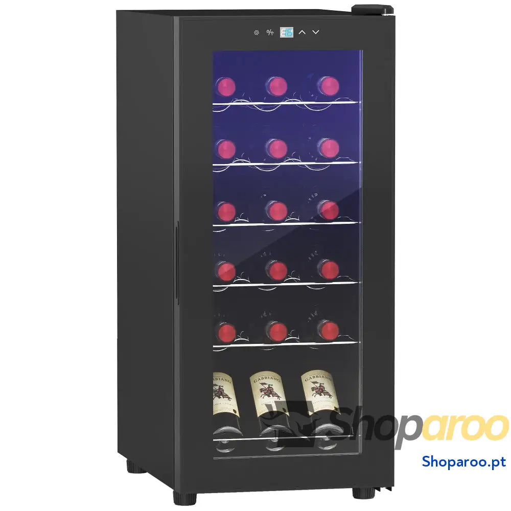 Cave de Vinho 18 Garrafas com Luz LED Ecrã Tátil Digital Controlo Temperatura Porta Vidro e 5 Prateleiras Preto