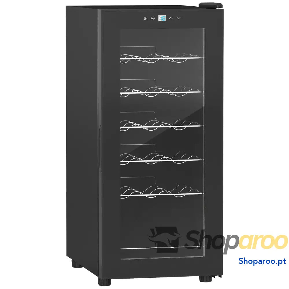 Cave de Vinho 18 Garrafas com Luz LED Ecrã Tátil Digital Controlo Temperatura Porta Vidro e 5 Prateleiras Preto