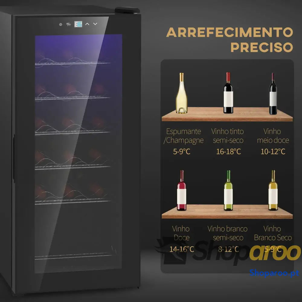 Cave de Vinho 18 Garrafas com Luz LED Ecrã Tátil Digital Controlo Temperatura Porta Vidro e 5 Prateleiras Preto