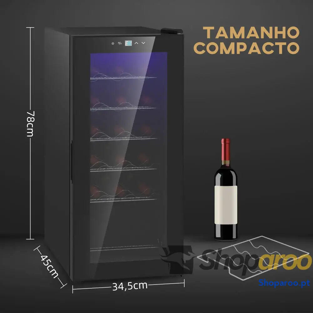Cave de Vinho 18 Garrafas com Luz LED Ecrã Tátil Digital Controlo Temperatura Porta Vidro e 5 Prateleiras Preto