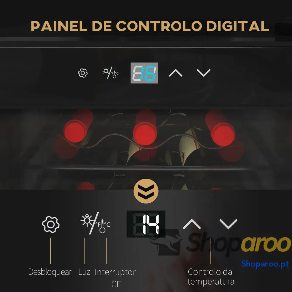 Cave de Vinho 18 Garrafas com Luz LED Ecrã Tátil Digital Controlo Temperatura Porta Vidro e 5 Prateleiras Preto