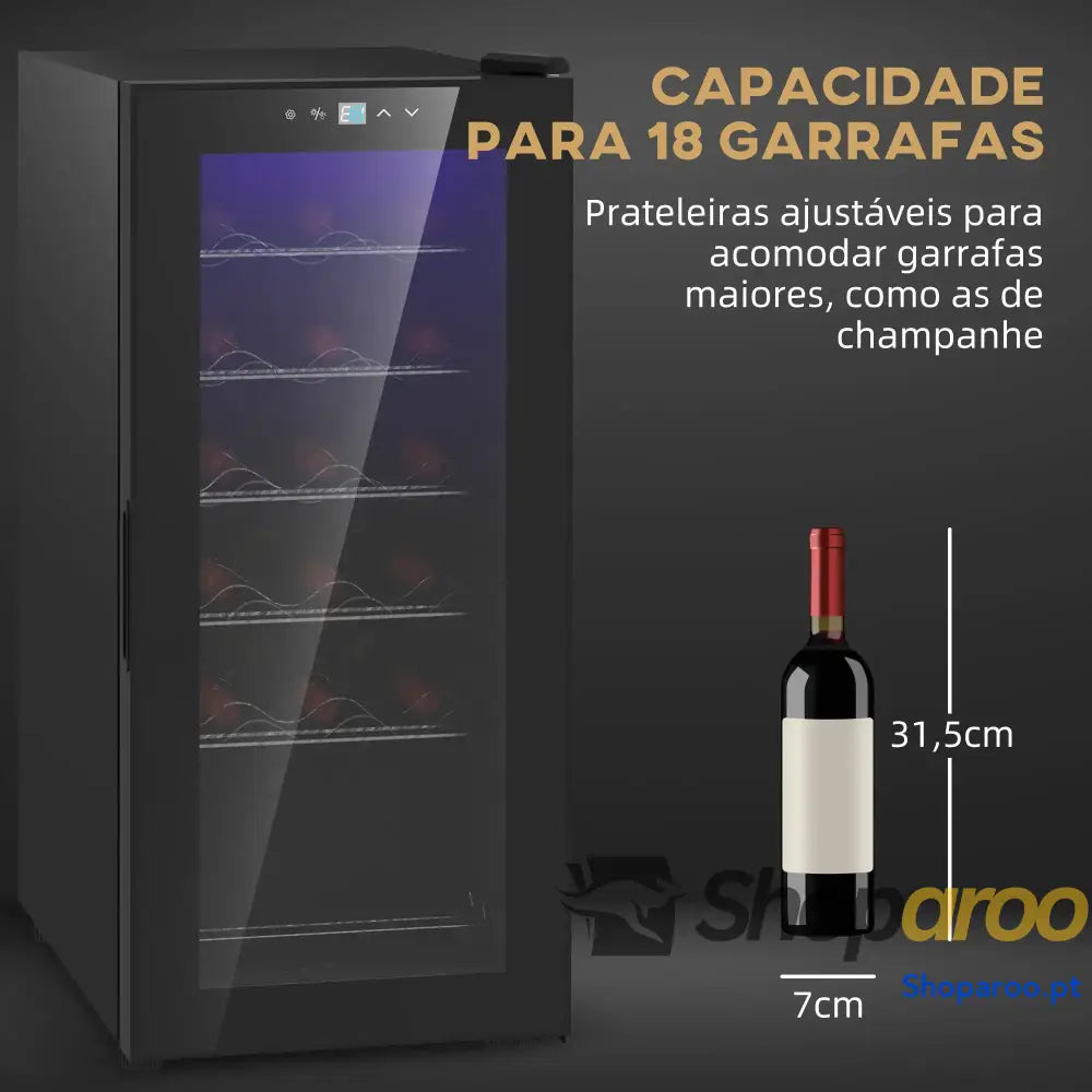 Cave de Vinho 18 Garrafas com Luz LED Ecrã Tátil Digital Controlo Temperatura Porta Vidro e 5 Prateleiras Preto