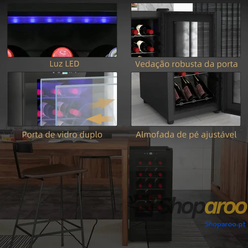 Cave de Vinho 18 Garrafas com Luz LED Ecrã Tátil Digital Controlo Temperatura Porta Vidro e 5 Prateleiras Preto
