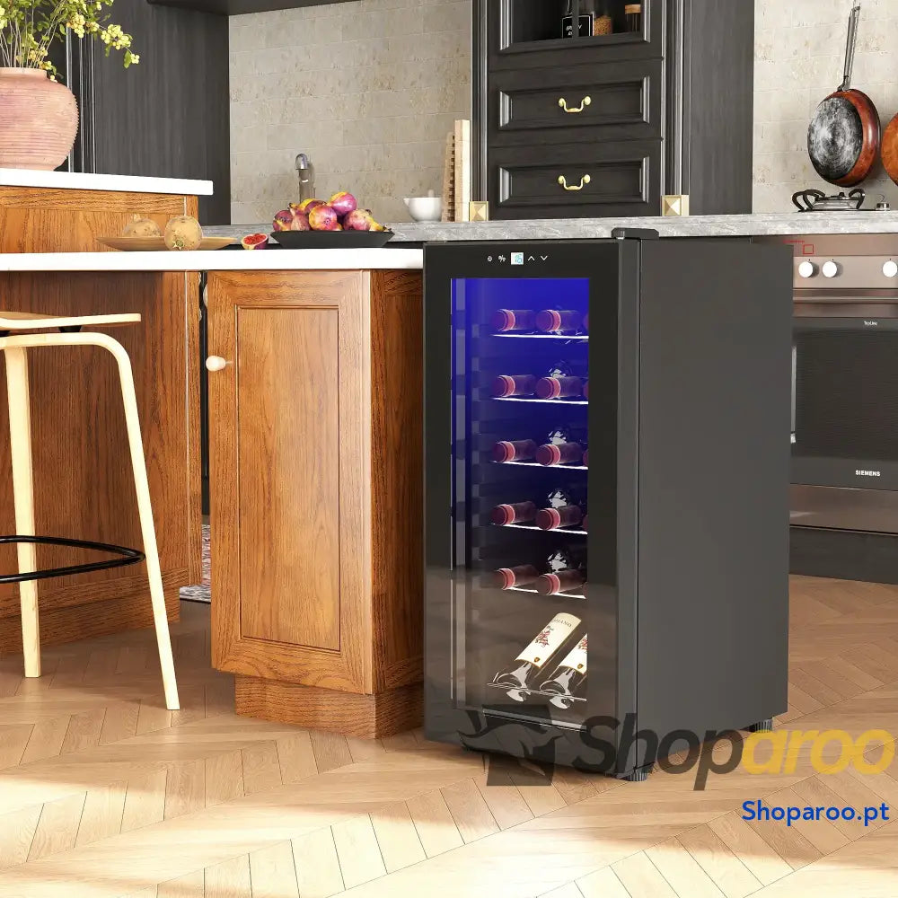 Cave de Vinho 18 Garrafas com Luz LED Ecrã Tátil Digital Controlo Temperatura Porta Vidro e 5 Prateleiras Preto