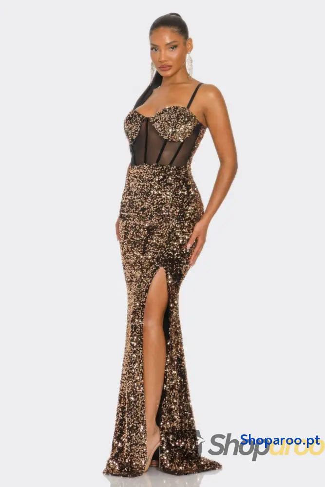 Vestido comprido de veludo Cecily Teddy rosa dourado