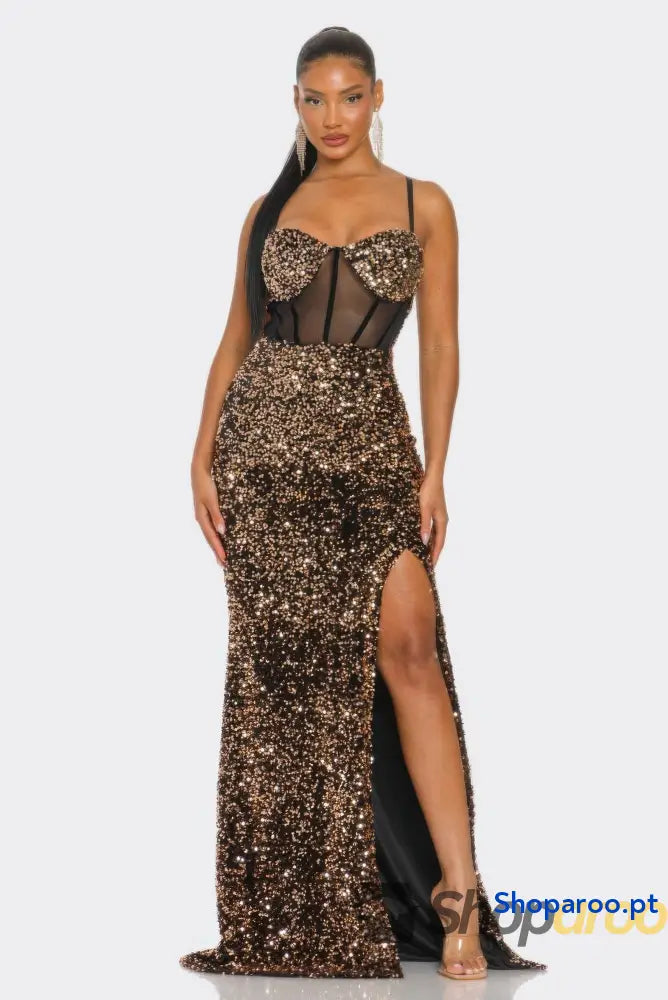 Vestido comprido de veludo Cecily Teddy rosa dourado