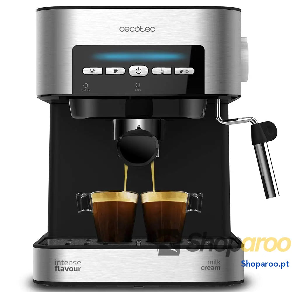 Cecotec Cafeteira Express manual Power Espresso 20 Essential. 850W bares vaporizador orientável braço de saída dupla