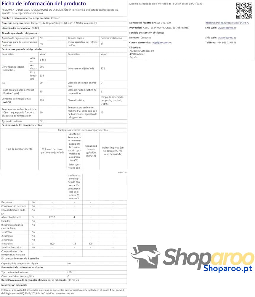 Cecotec Frigorífico Combi 2 portas de Bolero CoolMarket 322 Inox D. l altura 185 e 60 cm largura baixo consumo inversor