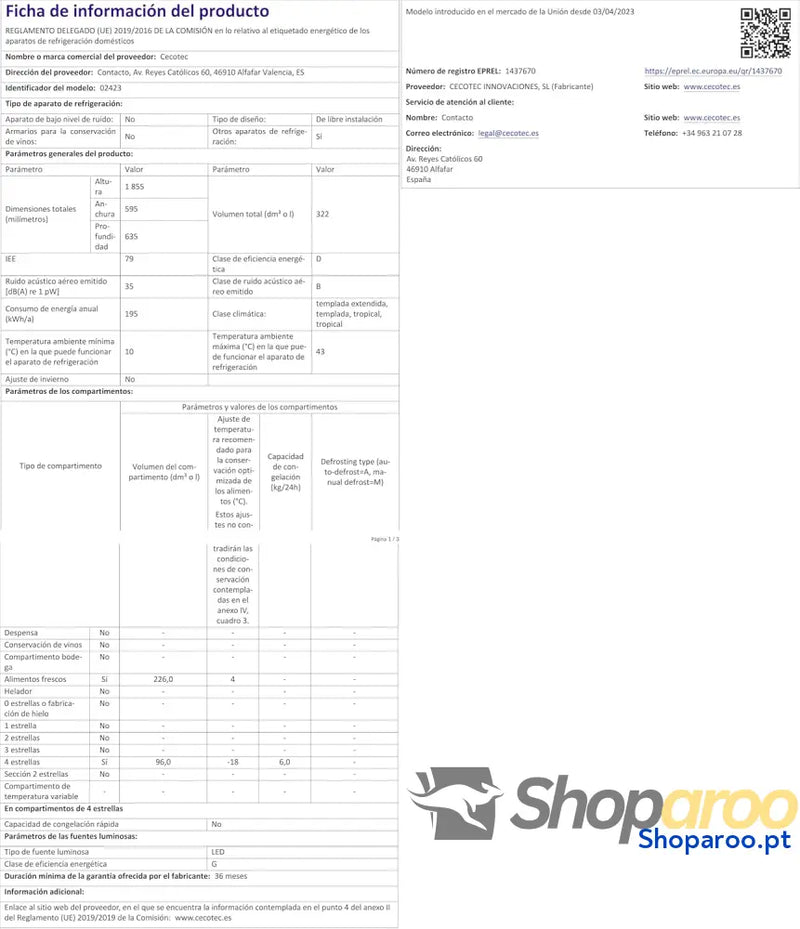 Cecotec Frigorífico Combi 2 portas de Bolero CoolMarket 322 Inox D. l altura 185 e 60 cm largura baixo consumo inversor