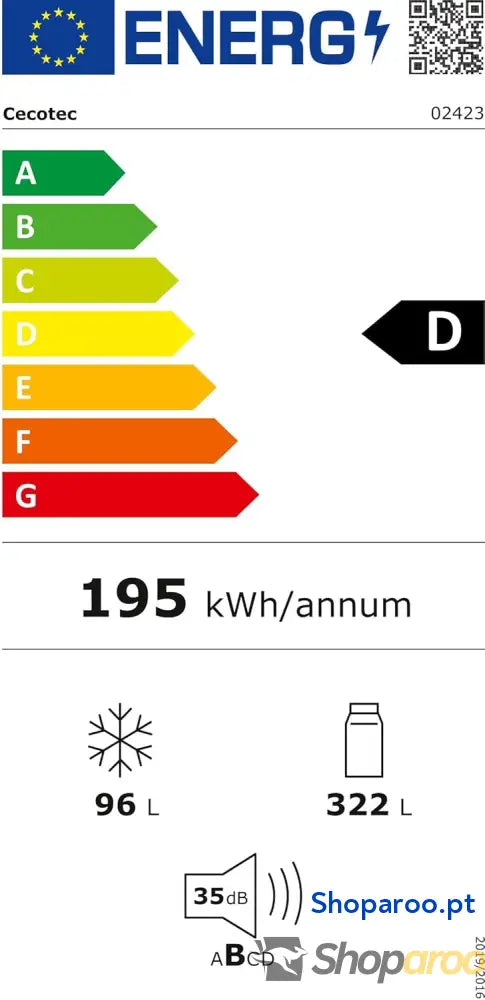 Cecotec Frigorífico Combi 2 portas de Bolero CoolMarket 322 Inox D. l altura 185 e 60 cm largura baixo consumo inversor