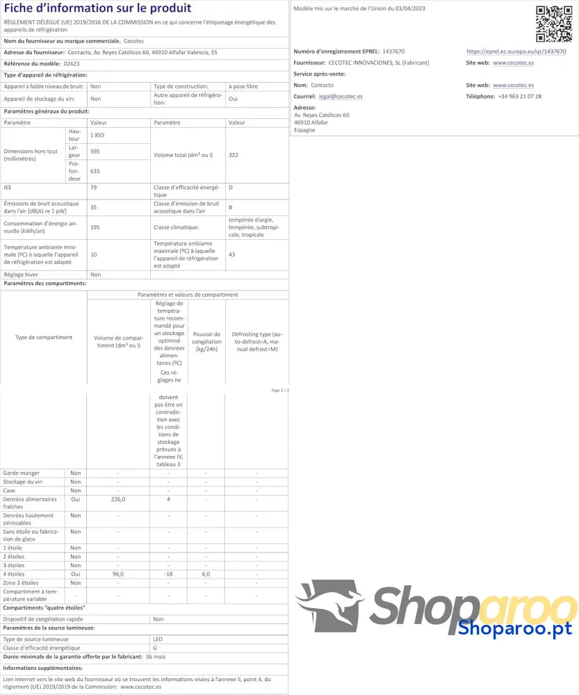 Cecotec Frigorífico Combi 2 portas de Bolero CoolMarket 322 Inox D. l altura 185 e 60 cm largura baixo consumo inversor