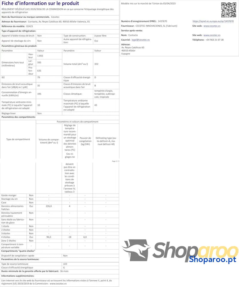 Cecotec Frigorífico Combi 2 portas de Bolero CoolMarket 322 Inox D. l altura 185 e 60 cm largura baixo consumo inversor