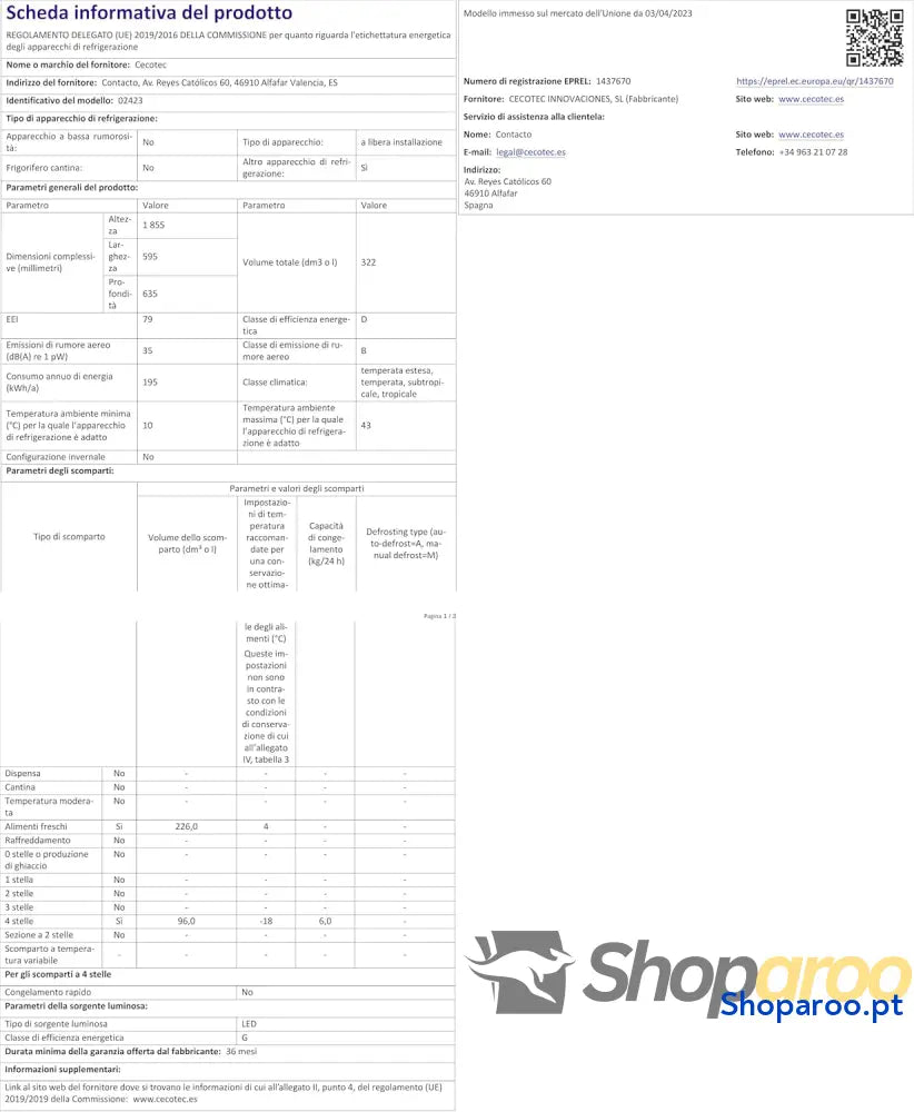 Cecotec Frigorífico Combi 2 portas de Bolero CoolMarket 322 Inox D. l altura 185 e 60 cm largura baixo consumo inversor