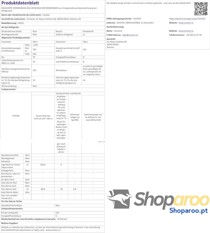 Cecotec Frigorífico Combi 2 portas de Bolero CoolMarket 322 Inox D. l altura 185 e 60 cm largura baixo consumo inversor