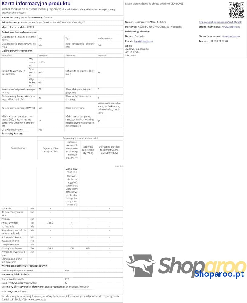 Cecotec Frigorífico Combi 2 portas de Bolero CoolMarket 322 Inox D. l altura 185 e 60 cm largura baixo consumo inversor