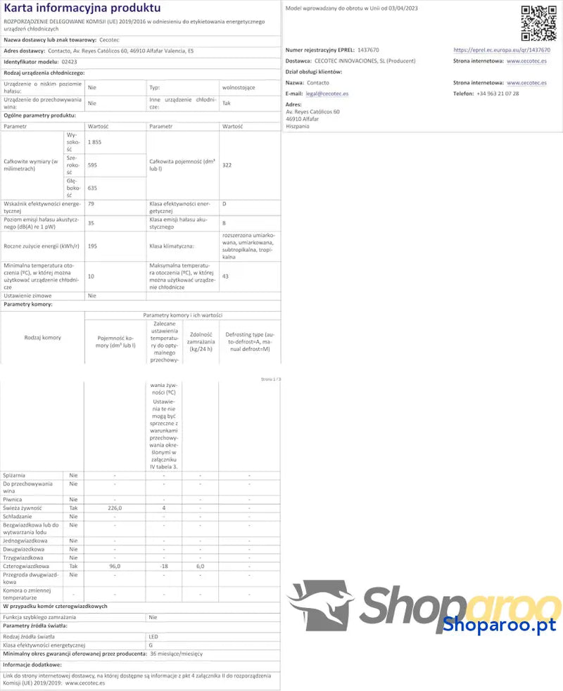 Cecotec Frigorífico Combi 2 portas de Bolero CoolMarket 322 Inox D. l altura 185 e 60 cm largura baixo consumo inversor