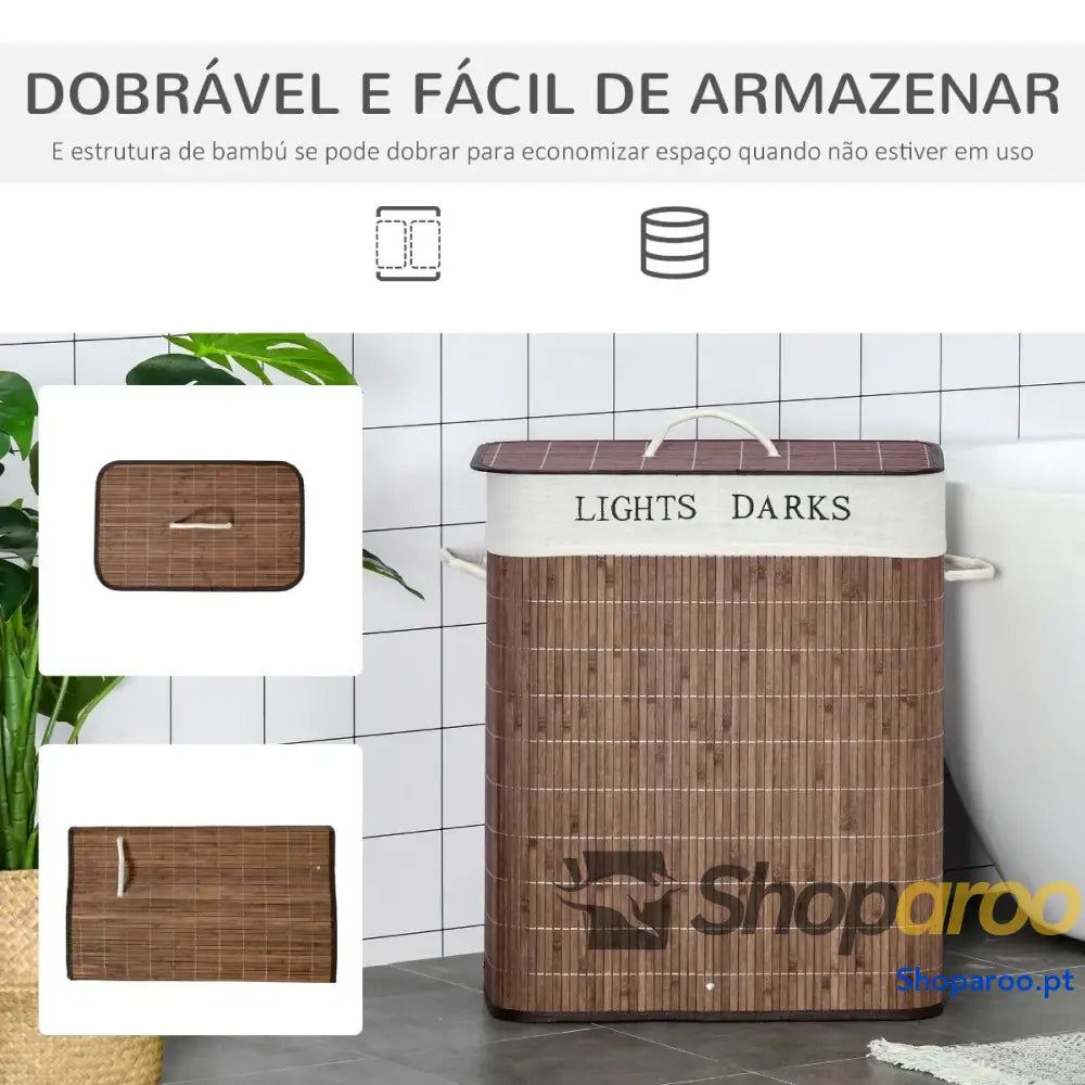 Cesto de Roupa Bambú 100L com Tampa e Dois Compartimentos