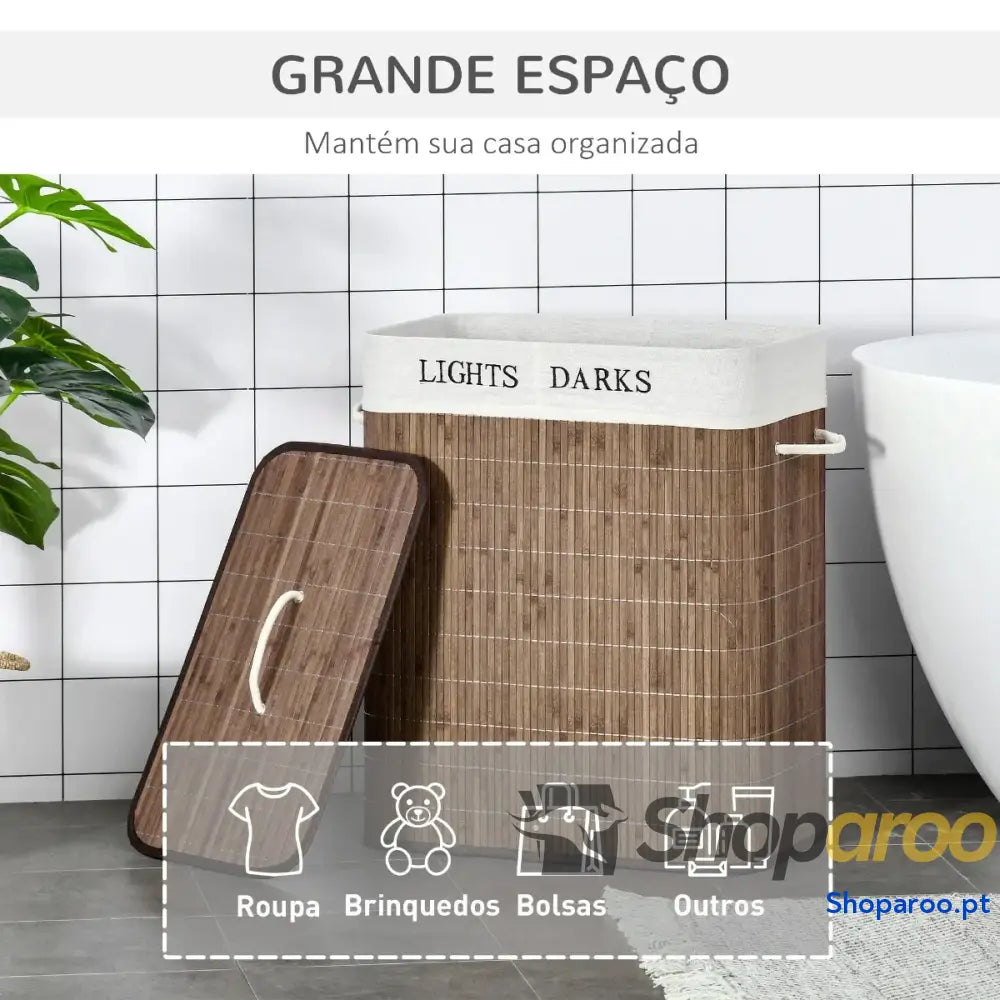 Cesto de Roupa Bambú 100L com Tampa e Dois Compartimentos