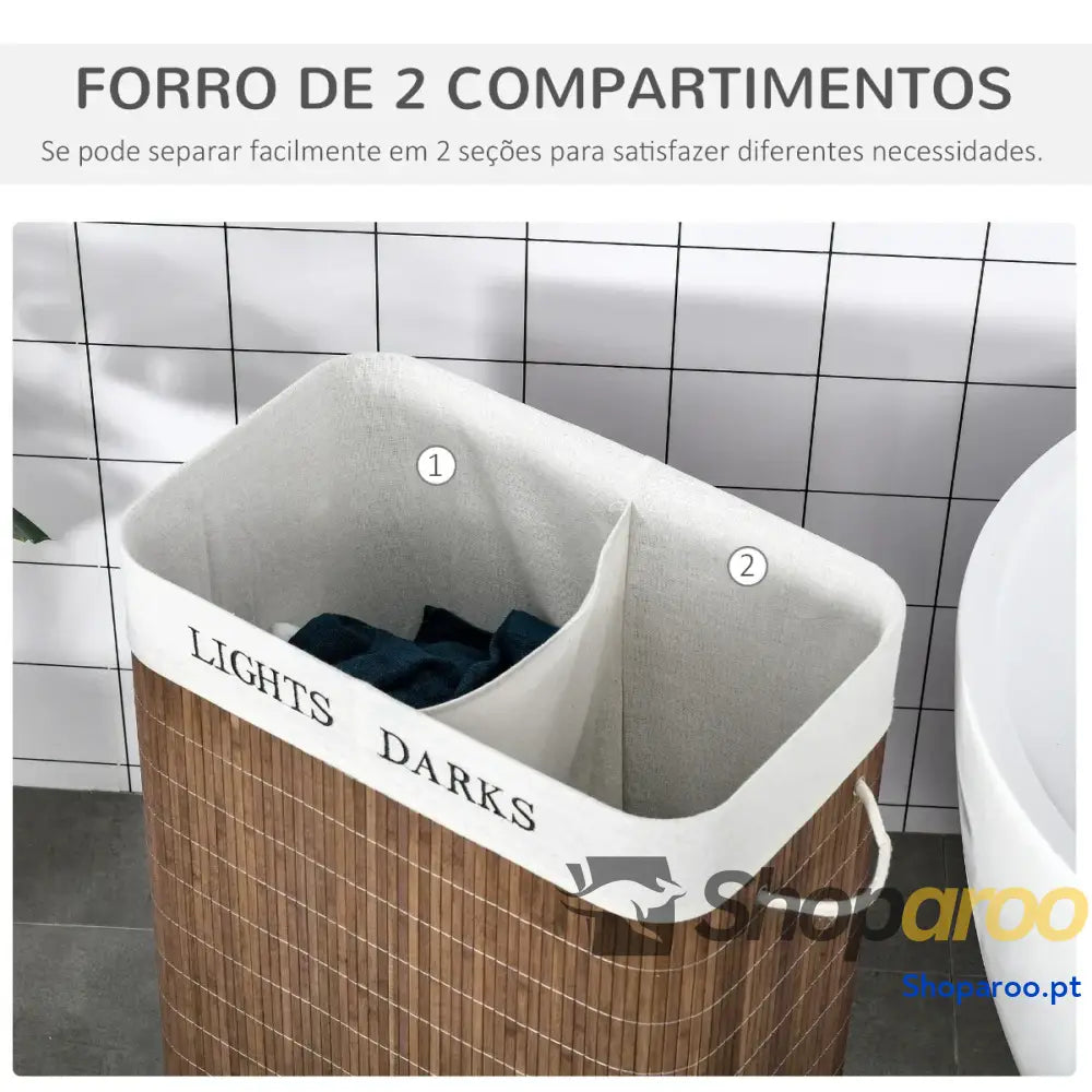 Cesto de Roupa Bambú 100L com Tampa e Dois Compartimentos