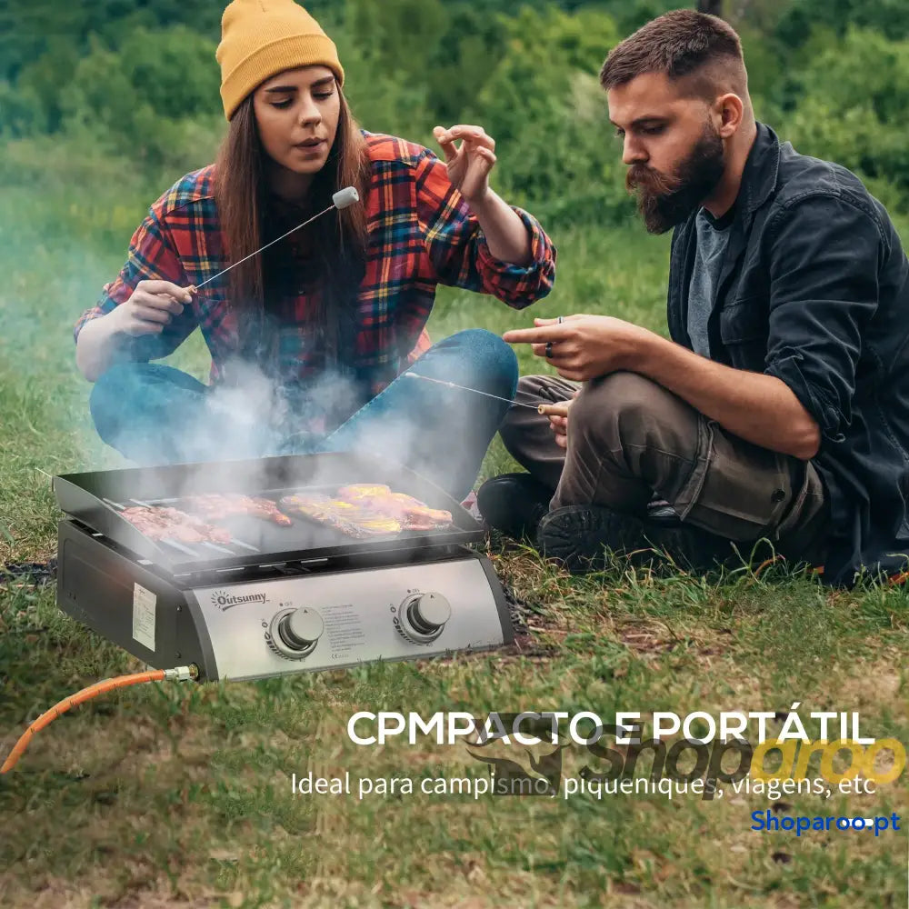 Chapa a Gás de Mesa com 2 Queimadores Aço Inoxidável 6 kW Portátil para Piquenique Campismo 48,5x46x21 cm Preto e Prata