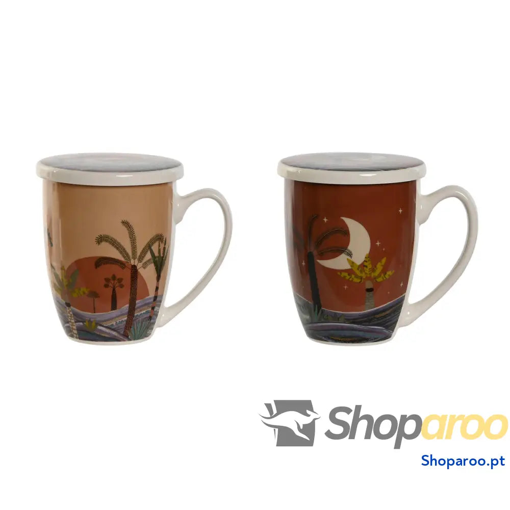 Chávena com Filtro para Infusões Home ESPRIT Azul Bege Terracota Aço inoxidável Porcelana 380 ml (2 Unidades)