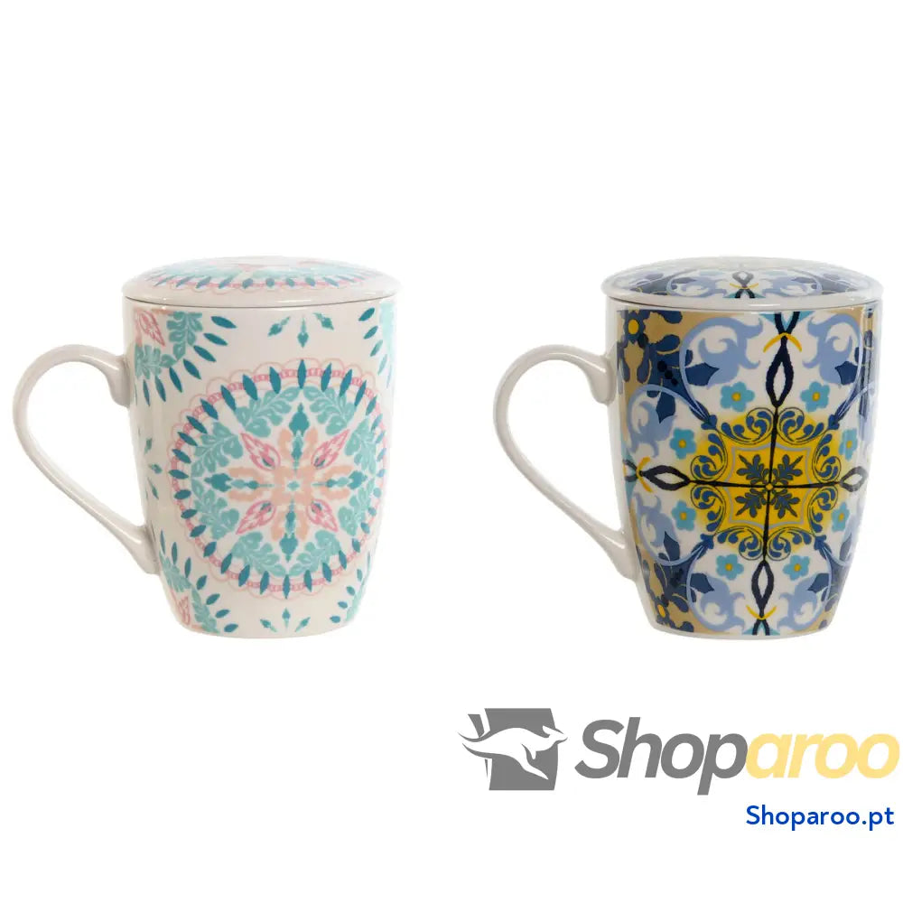 Chávena com Filtro para Infusões Home ESPRIT Azul Branco Turquesa Mediterrâneo 340 ml (2 Unidades)
