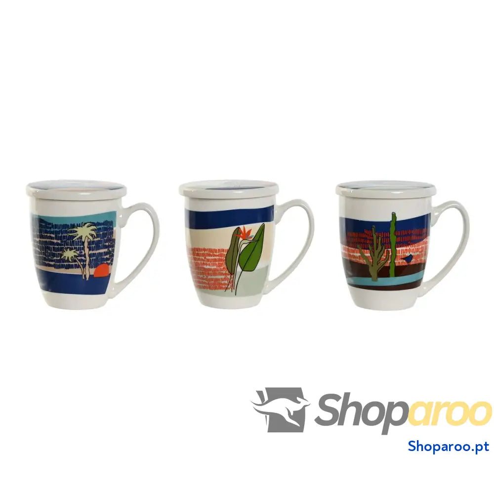 Chávena com Filtro para Infusões Home ESPRIT Azul Verde Aço inoxidável Porcelana Tropical 380 ml (3 Unidades)