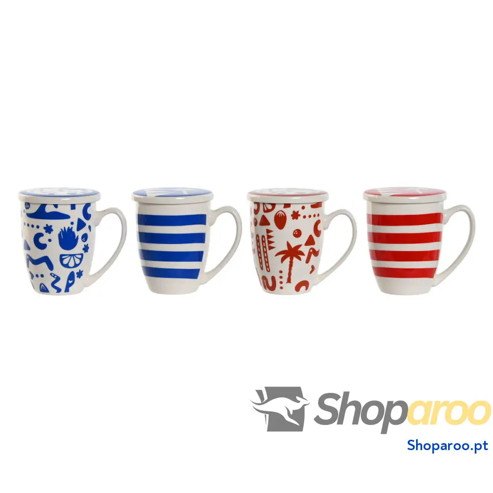 Chávena com Filtro para Infusões Home ESPRIT Azul Vermelho Aço inoxidável Porcelana 380 ml (4 Unidades)