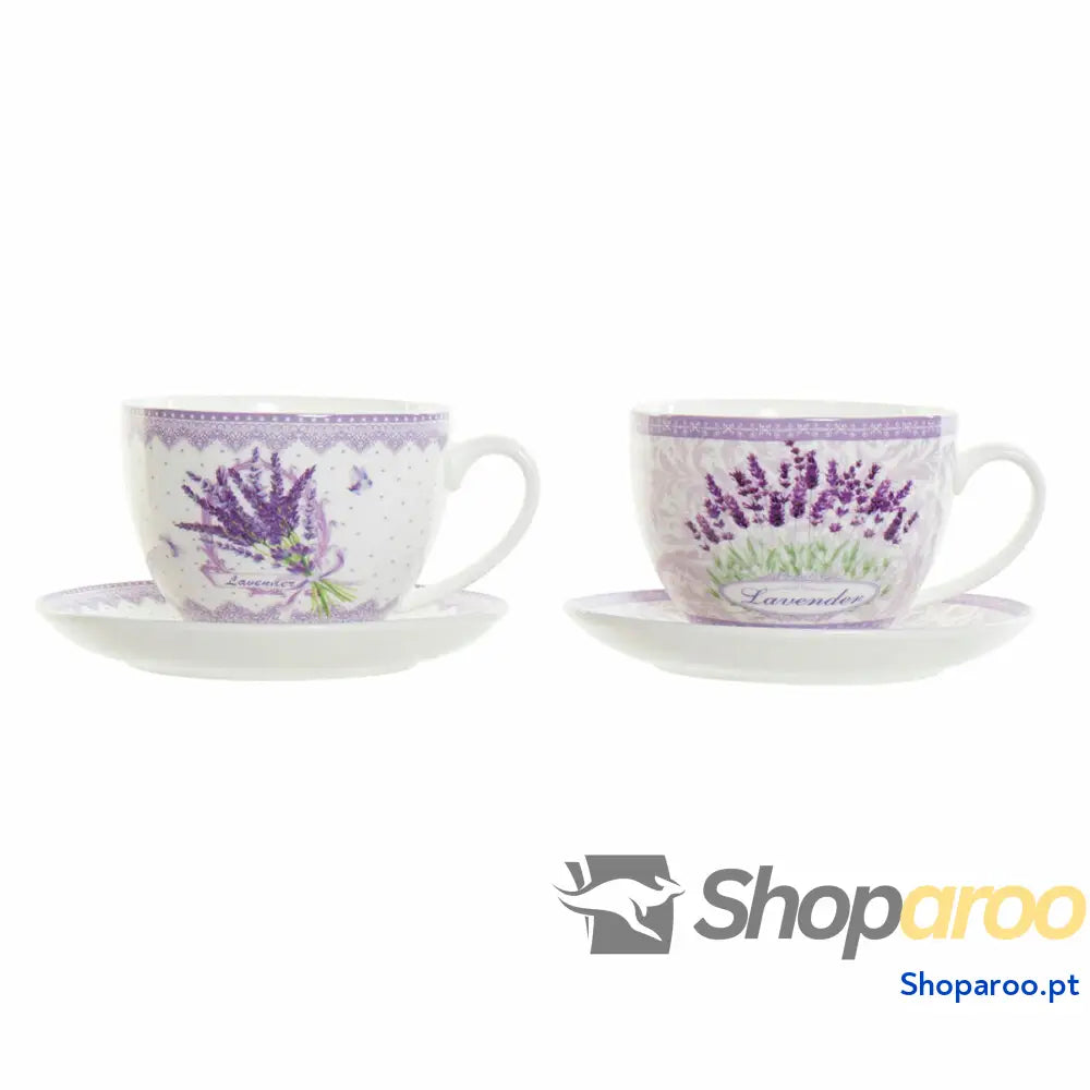 Chávena com Prato DKD Home Decor Branco Verde Lilás Porcelana 220 ml (2 Unidades)