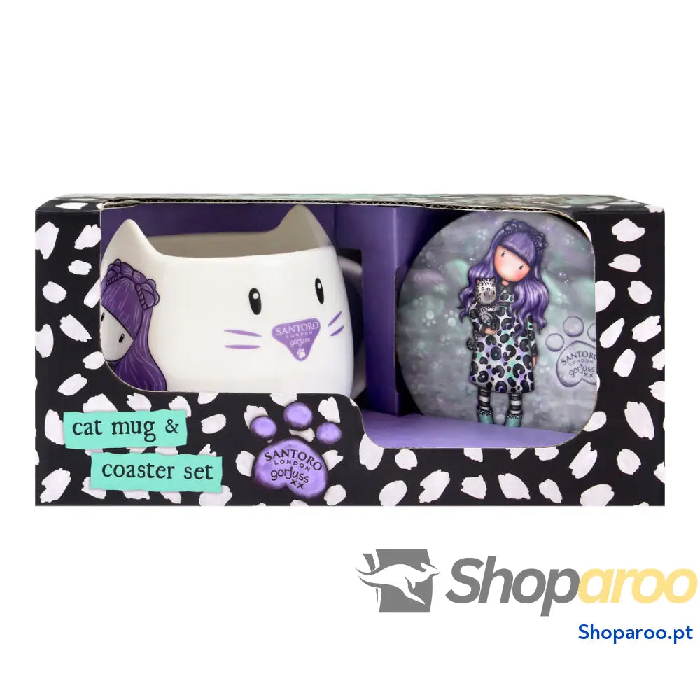 Chávena com Prato Gorjuss Smitten kitten Branco Preto Cerâmica Base para Copos Kop