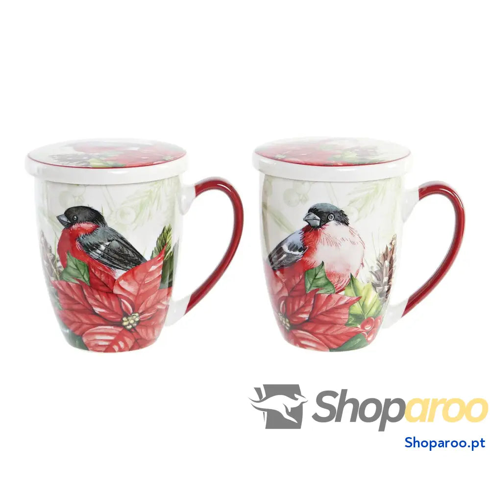 Chávena para Infusão DKD Home Decor Vogel Porcelana Vermelho Verde (380 ml) (2 Unidades)